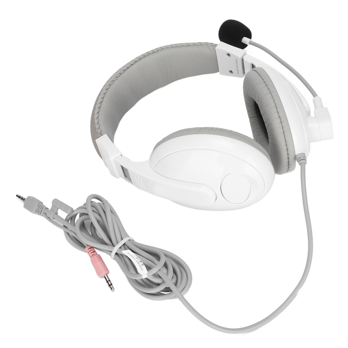 Weiße und graue Kopfhörer mit Mikrofon. Graues Kabel mit rosa Stecker.
