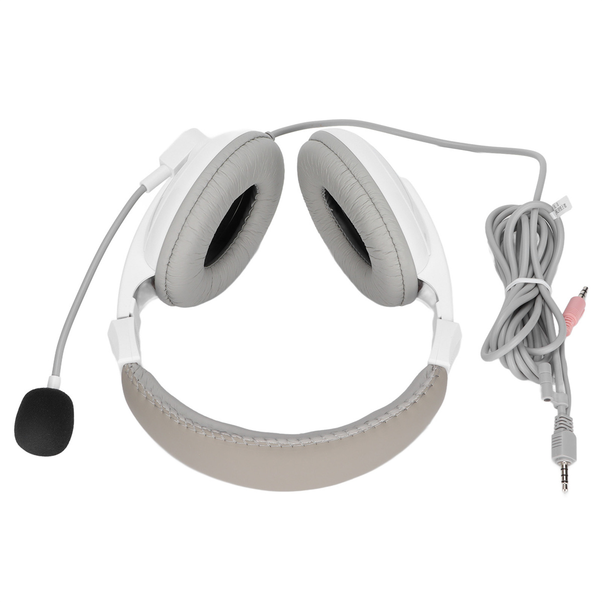 Weiße Kopfhörer mit Mikrofon, grauen Ohrpolstern und grauem Kabel mit pinkfarbenem Stecker.