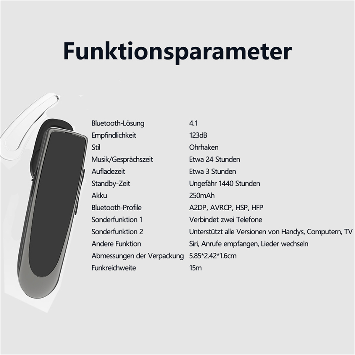 Ein weißes Blatt mit deutschem Text über einen kabellosen Ohrhörer und seine Spezifikationen.