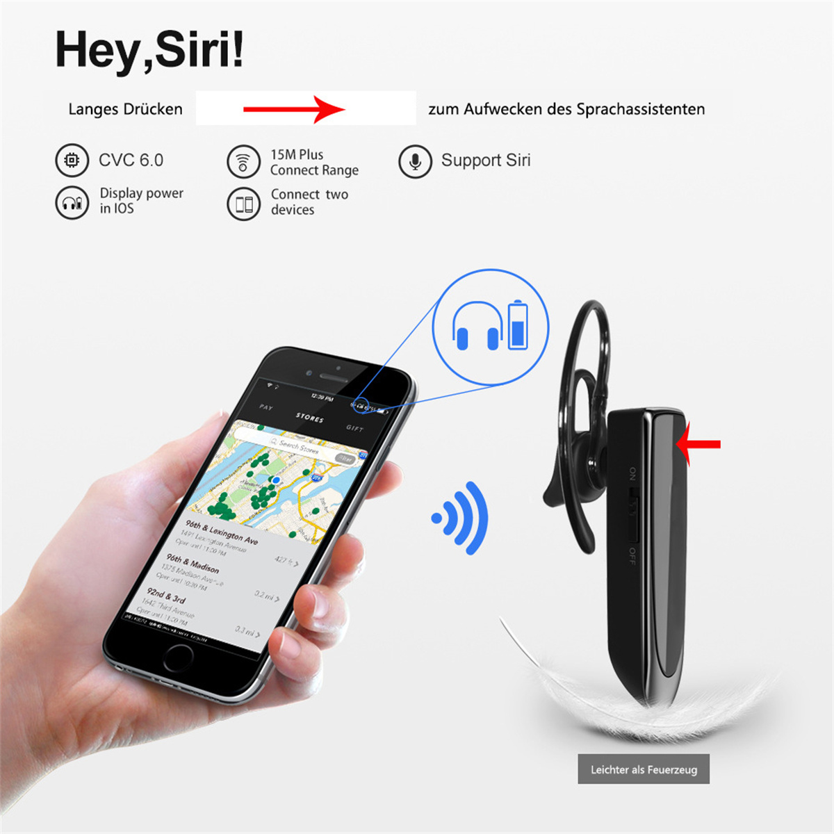 Eine Hand hält ein Telefon mit einer Karte. Auf der rechten Seite befindet sich ein drahtloses Headset. Symbole und Text im Hintergrund.