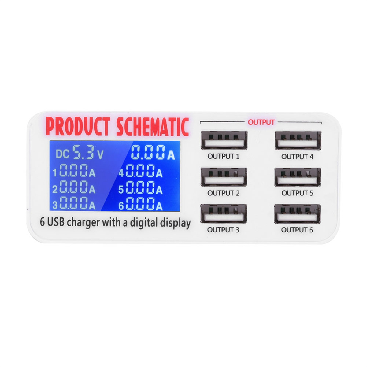 Weißes 6-Port-USB-Ladegerät mit digitaler Anzeige. Die Anzeige zeigt Spannung und Stromstärke.