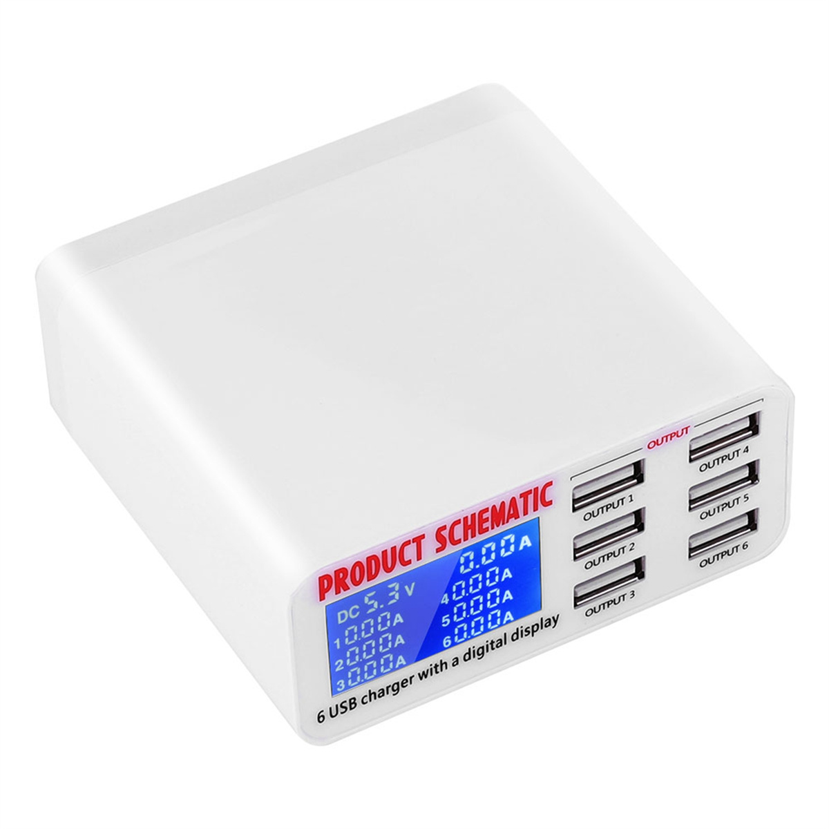 Eine weiße Powerbank mit Digitalanzeige, die Ausgabedetails anzeigt.