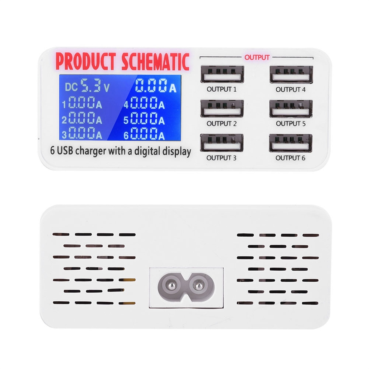 Weißes und schwarzes USB-Ladegerät mit digitaler Anzeige. Es hat sechs USB-Anschlüsse und DC-Eingang.