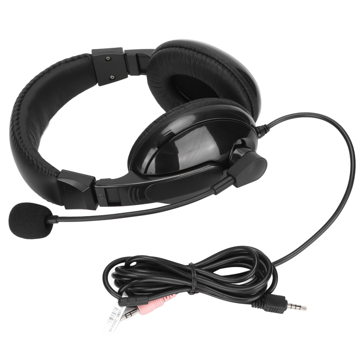 Schwarze Kopfhörer mit Mikrofon und langem Kabel.
