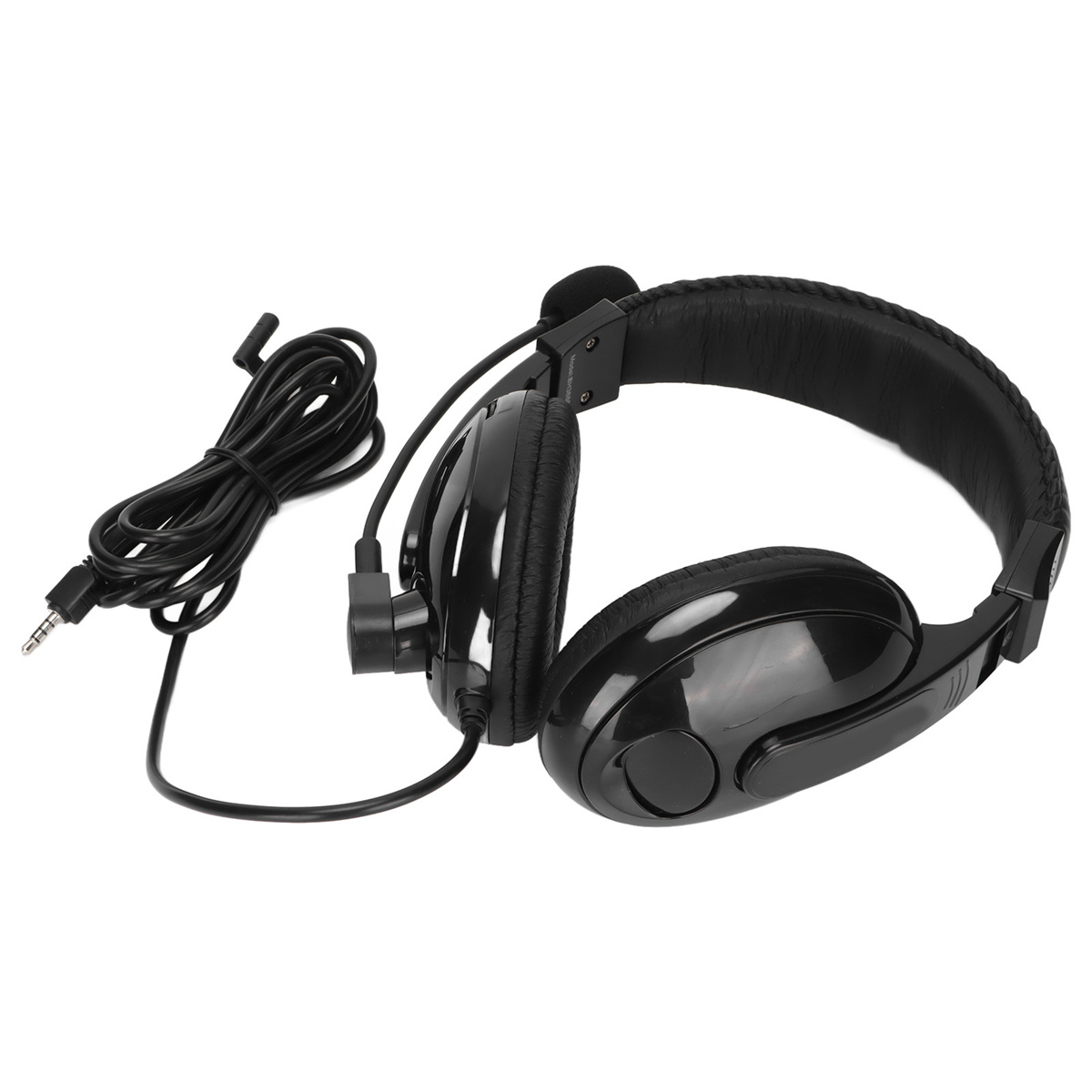 Schwarzes Headset mit Mikrofon. Das Kabel ist schwarz und der Stecker ist silber.