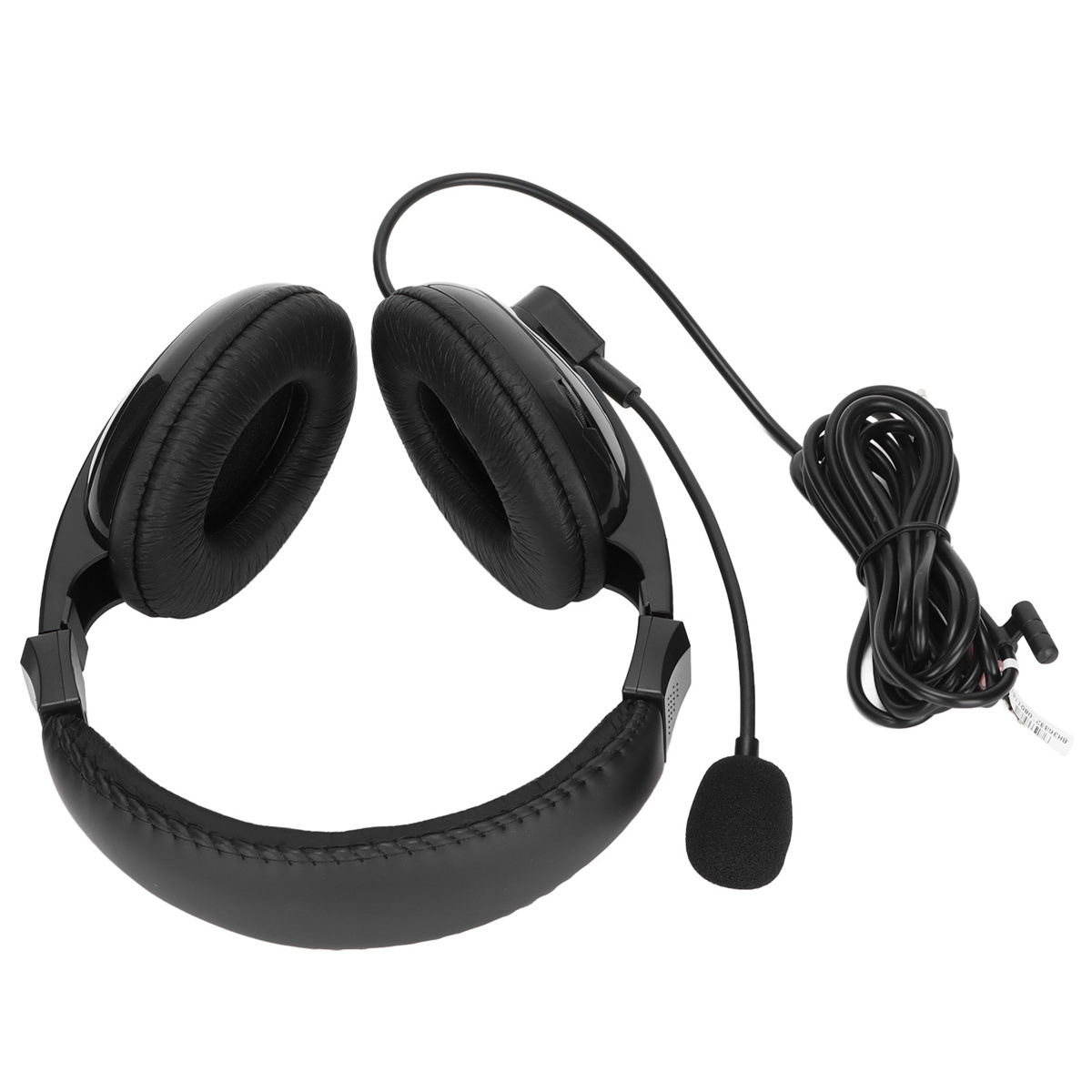 Schwarze Kopfhörer mit einem Mikrofon. Die Kopfhörer haben gepolsterte Ohrmuscheln und ein gepolstertes Kopfband.