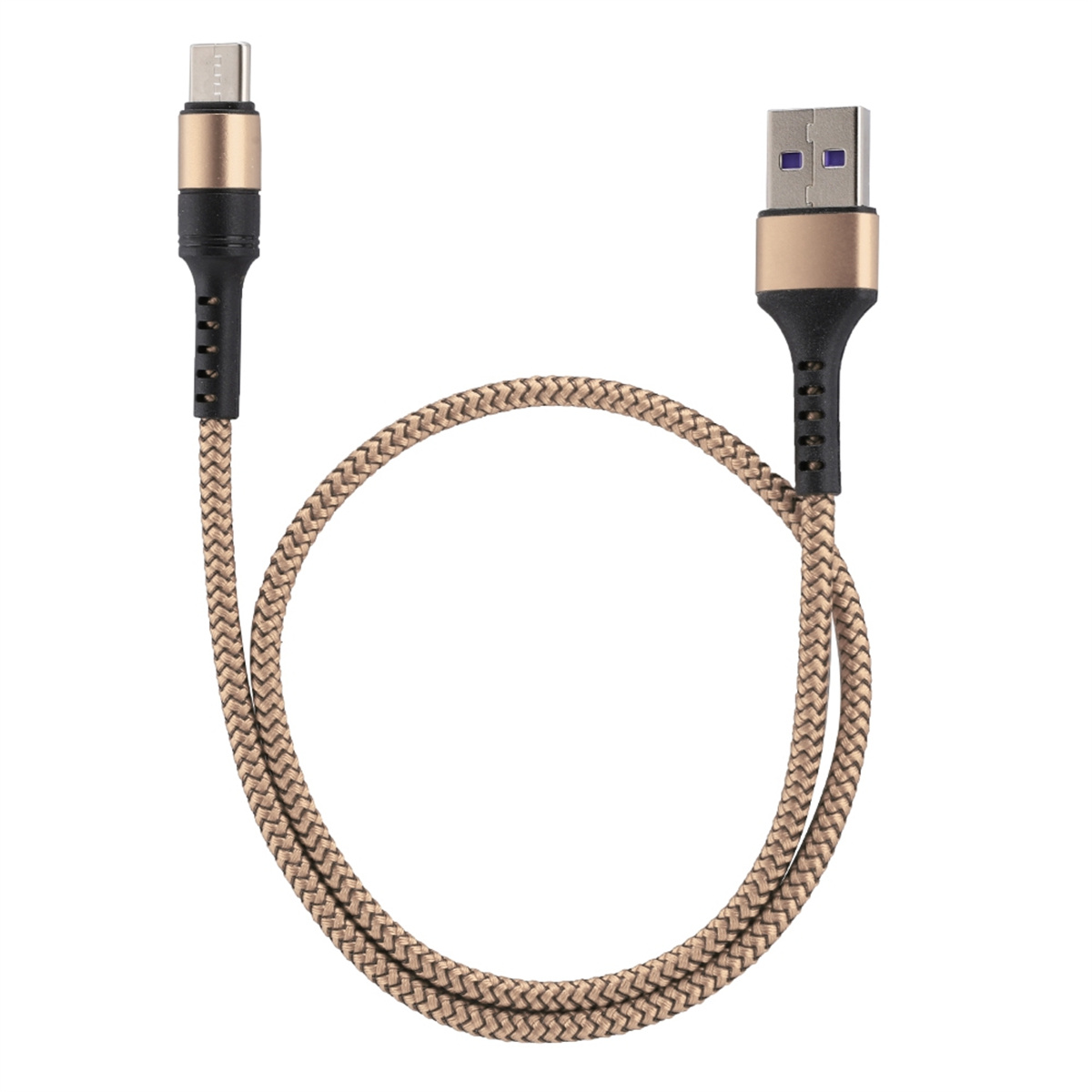 Geflochtenes USB-zu-Micro-USB-Kabel, gold- und schwarze Stecker, beiges Kabel mit Goldakzenten.
