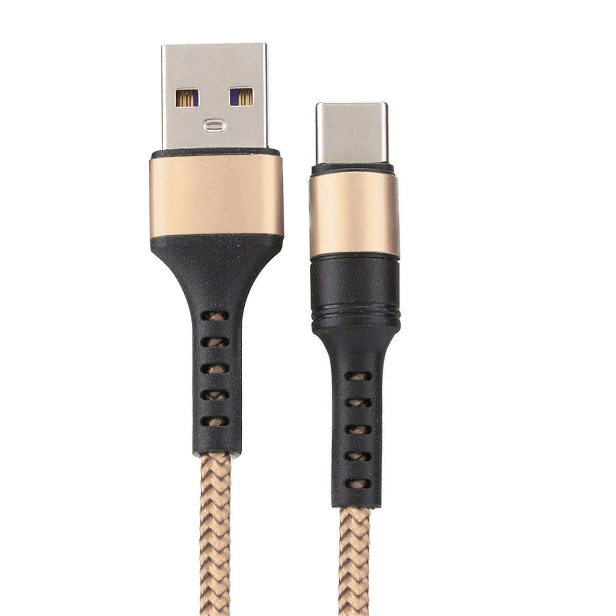 Gold-schwarzes USB-zu-USB-C-Kabel. Das Kabel ist beige geflochten.