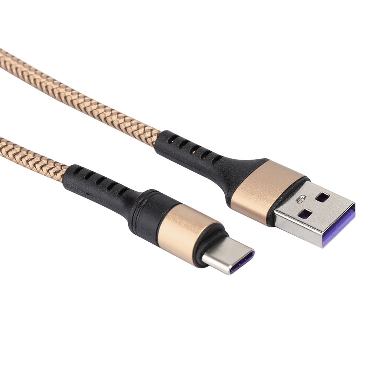 Goldenes und schwarzes USB-zu-USB-C-Ladekabel.