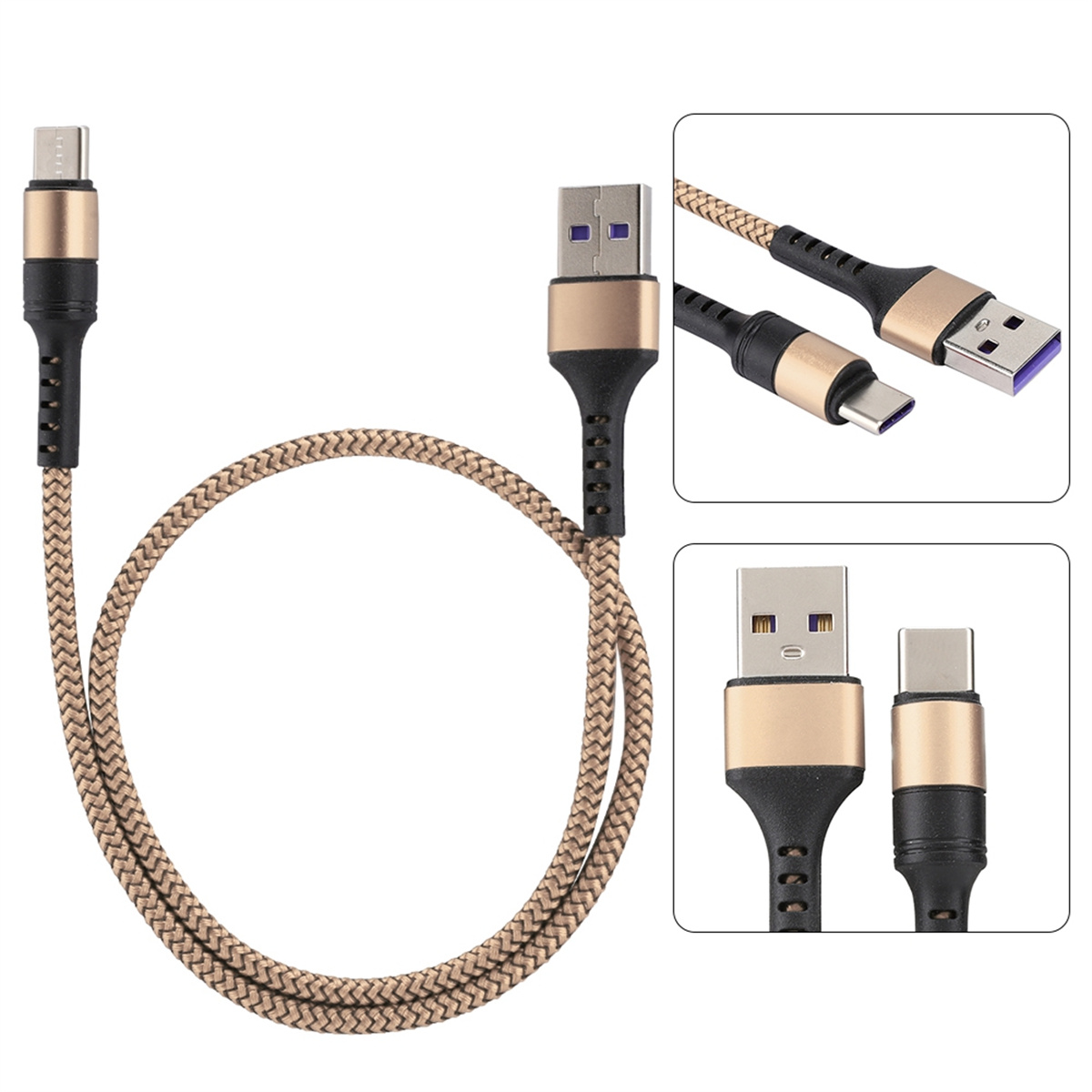 USB-C- und USB-A-Ladekabel. Zwei zusätzliche Ansichten der Anschlüsse werden gezeigt.