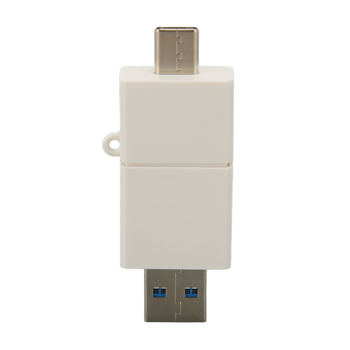 Weißer USB-C-zu-USB-Adapter. Er hat einen USB-C-Anschluss oben und einen USB-Anschluss unten.