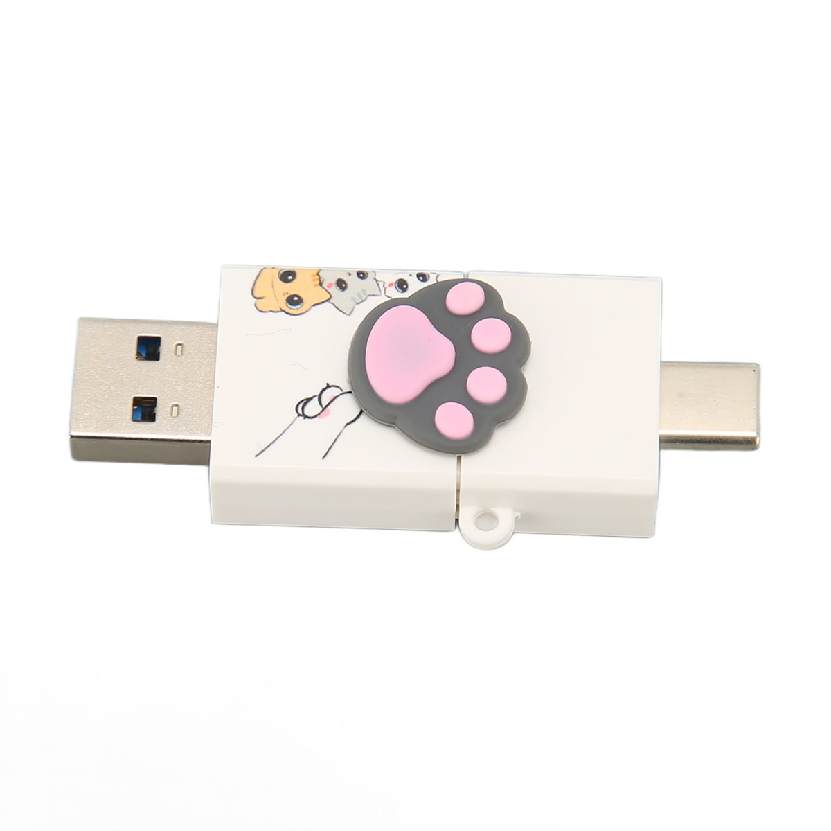 Weißer USB- und Typ-C-Anschluss mit Katzenpfoten-Design. USB-Anschluss links.