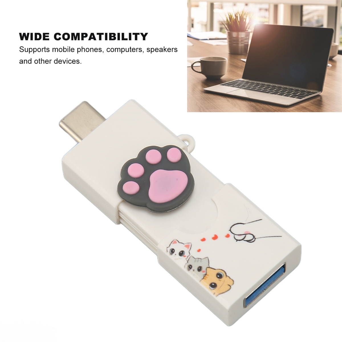 Weißer USB-Stick mit Katzenpfotenabdruck und Cartoon-Katzen, mit Text über Kompatibilität und Geräte.