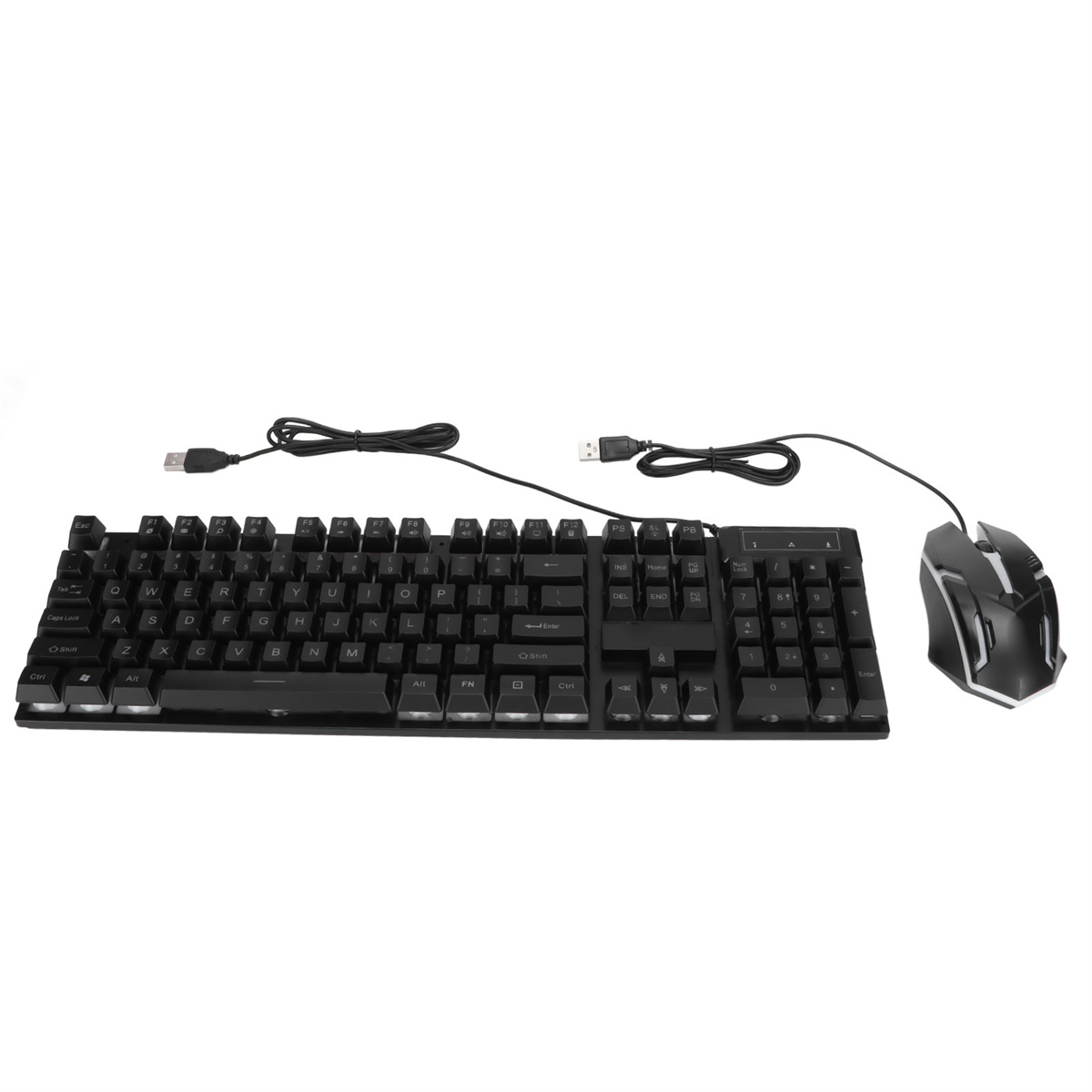 Schwarze Tastatur und Maus-Kombination auf weißer Oberfläche. Beide Geräte haben USB-Kabel.