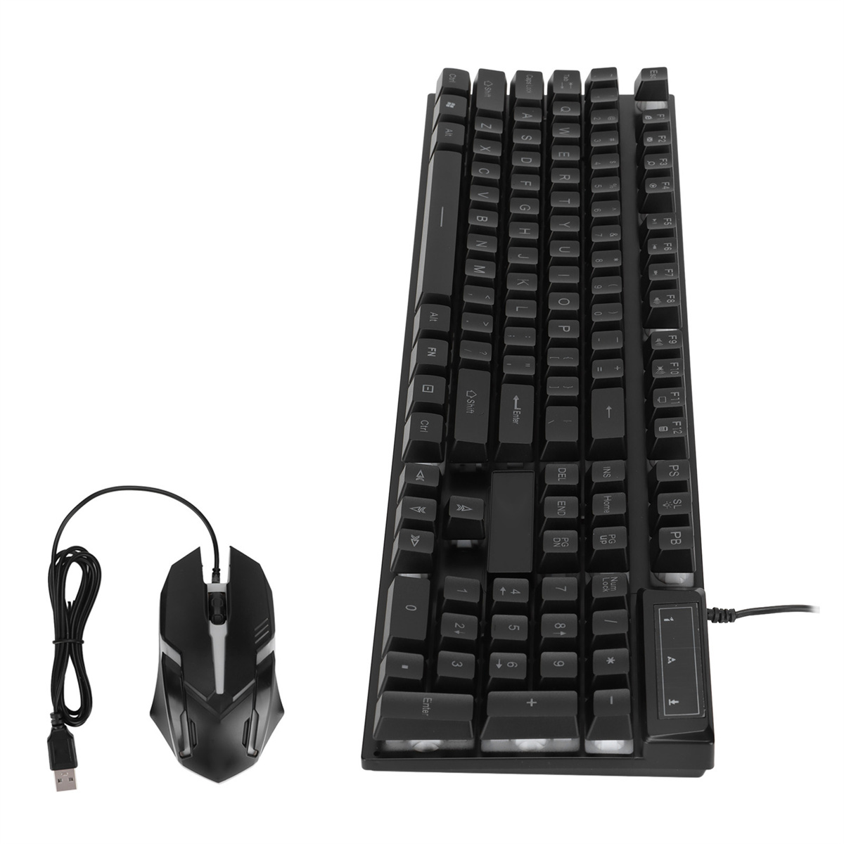 Ein schwarzes Tastatur- und Maus-Set. Die Tastatur ist lang mit vielen Tasten. Die Maus ist abgewinkelt.