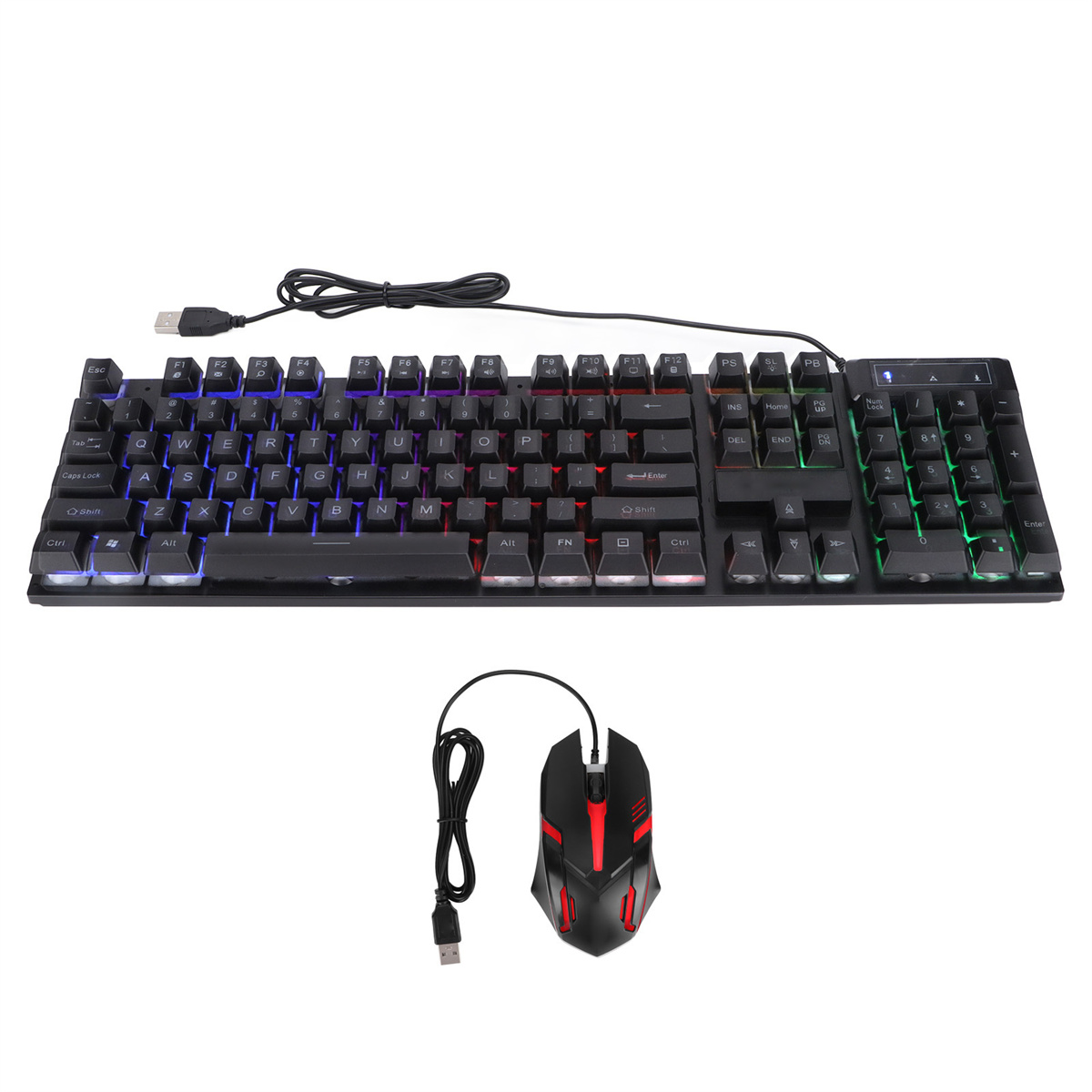 Schwarze Tastatur und Maus mit bunten Lichtern, verbunden über USB-Kabel, auf Weiß.