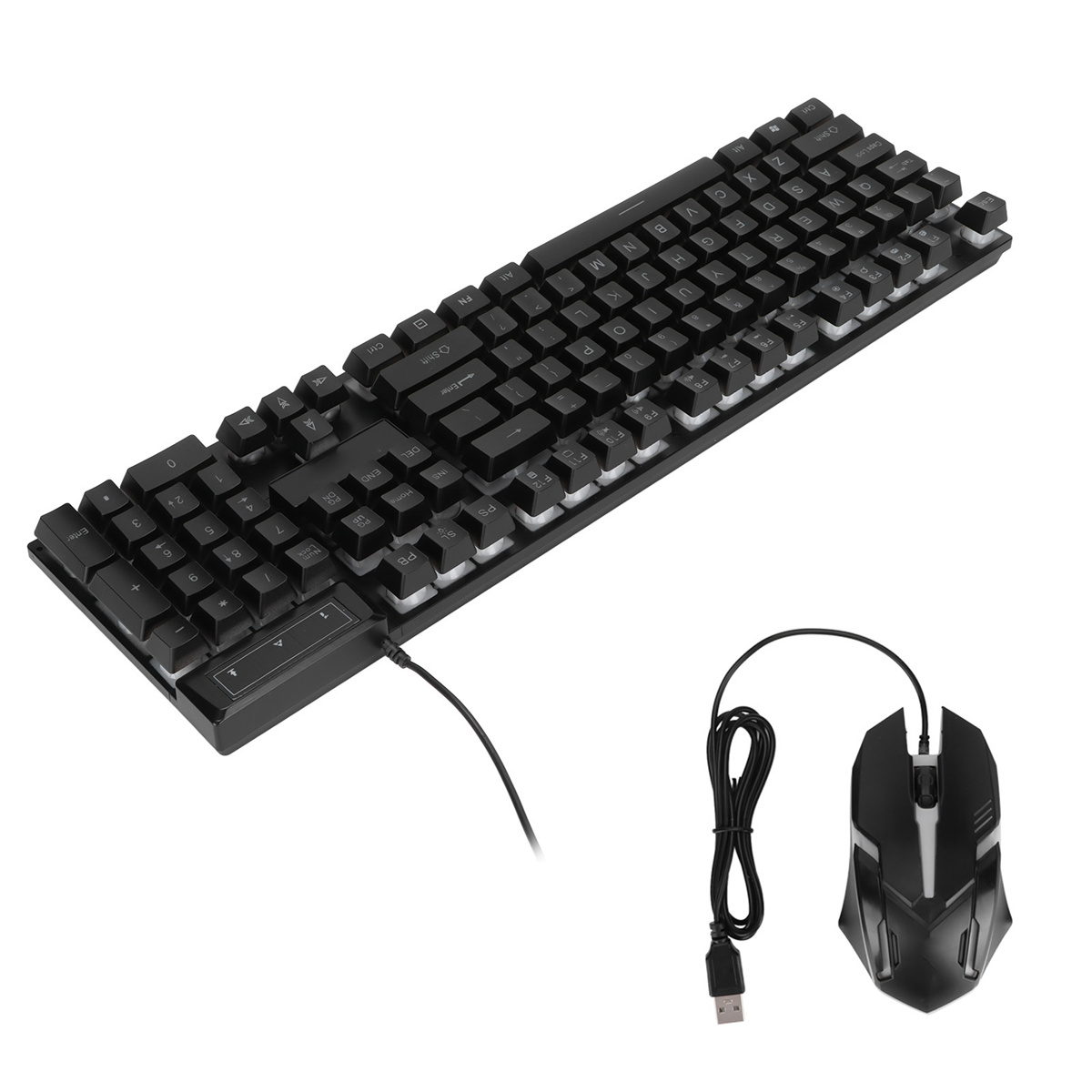 Schwarzes Tastatur- und Maus-Set auf weißer Oberfläche. Die Tastatur hat weiße LED-Lichter.