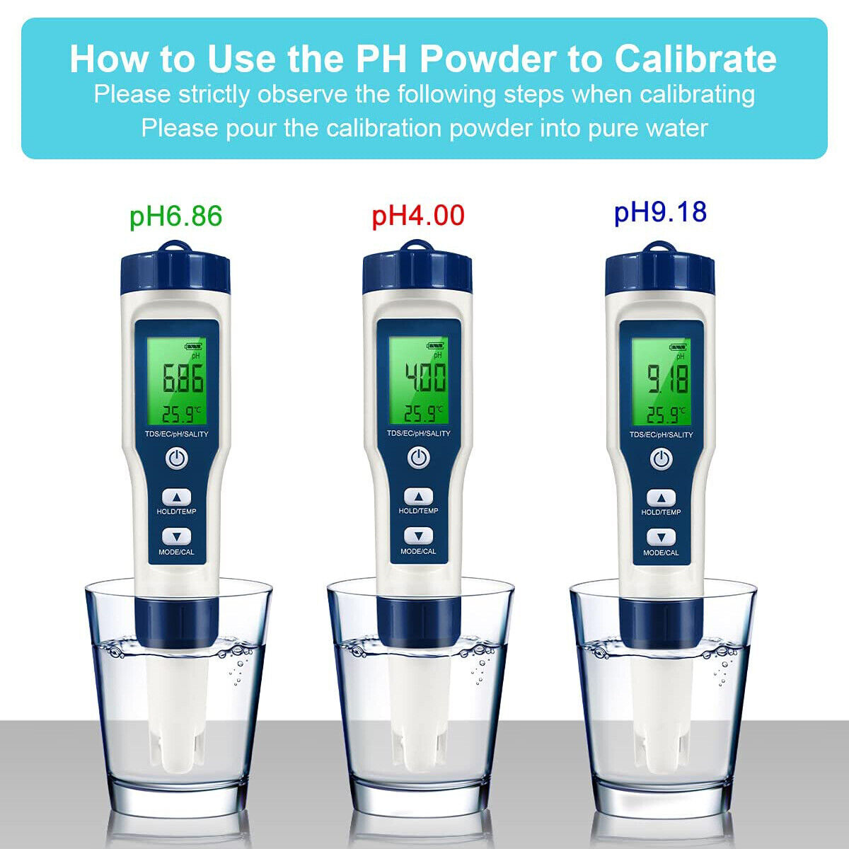 Drei pH-Messgeräte in Wassergläsern, kalibriert auf pH 6,86, 4,00 und 9,18, mit Anweisungen oben.