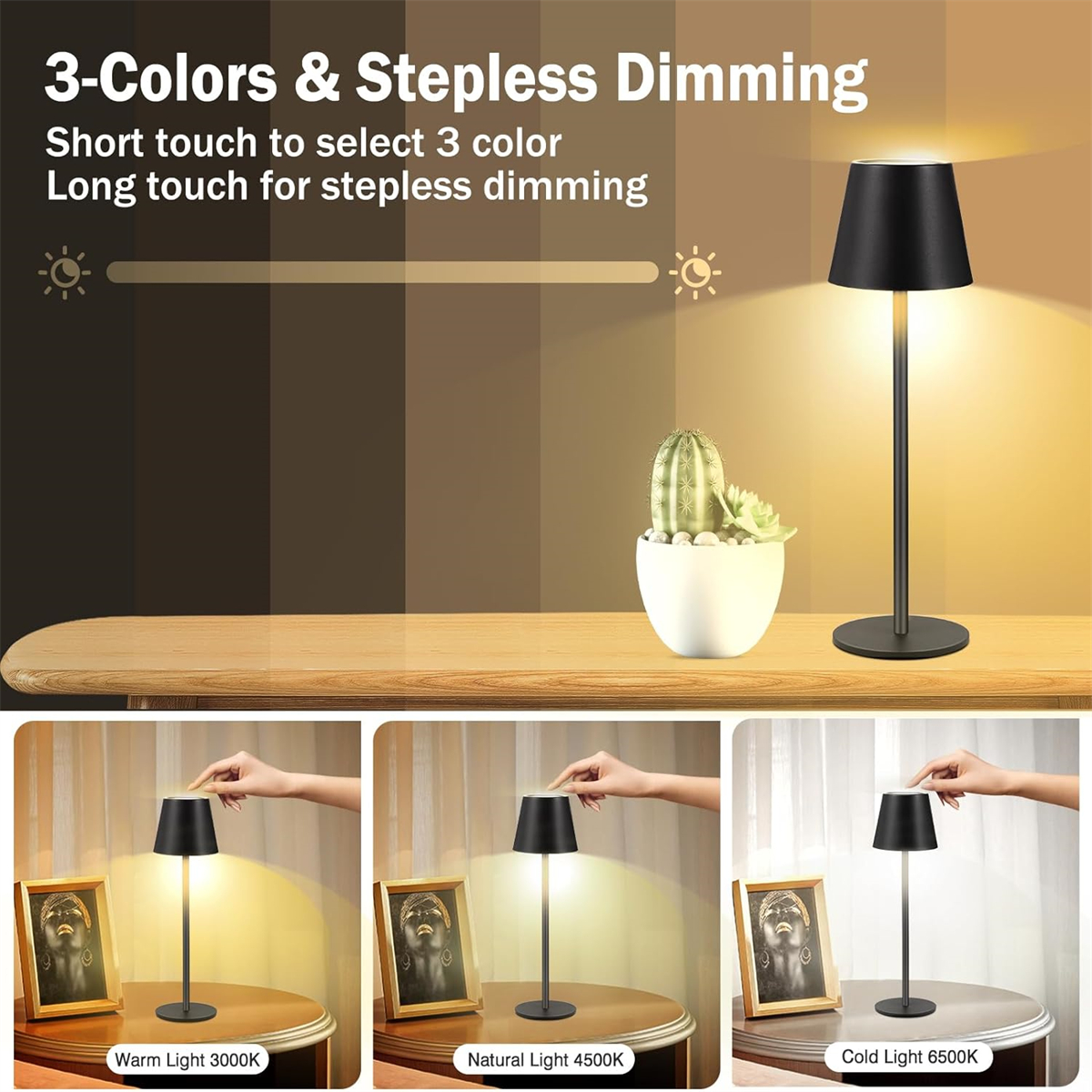Eine Lampe mit 3 Farben und stufenlosem Dimmen. Sie hat einen schwarzen Schirm und einen Kaktus im Topf.