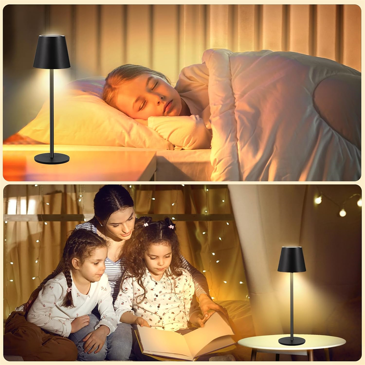 Eine Frau schläft im Bett mit einer Lampe daneben, und eine Familie liest ein Buch mit einer Lampe.