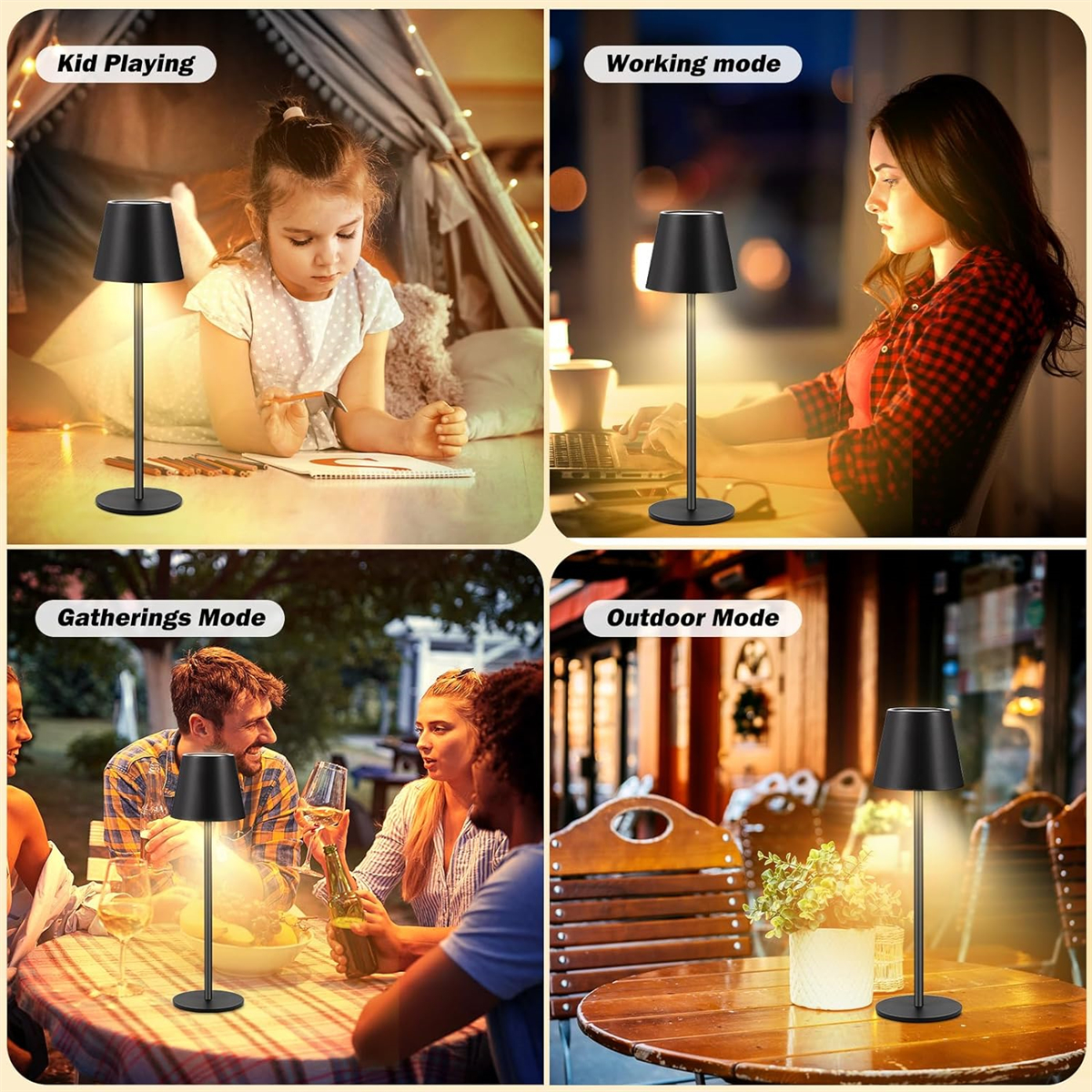 Vier Bilder, die eine Lampe in verschiedenen Umgebungen zeigen: Kind, Arbeiten, Versammlungen, Outdoor.