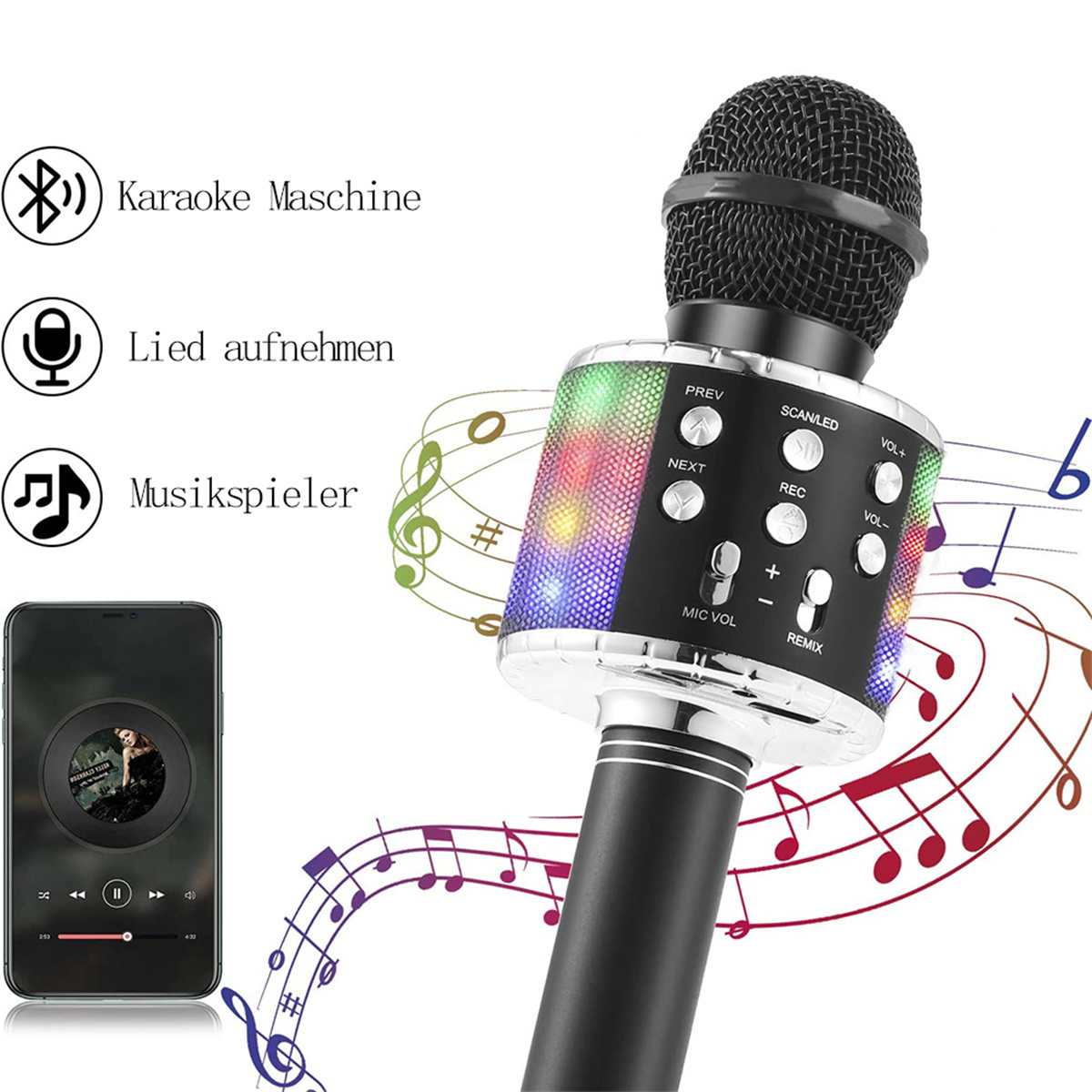 Mikrofon mit Knöpfen, Licht und Smartphone mit Musik-Player.