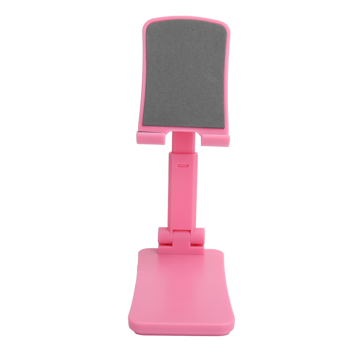 Ein pinkfarbener Telefonständer. Er ist faltbar und hat ein graues Pad, um das Telefon zu halten.