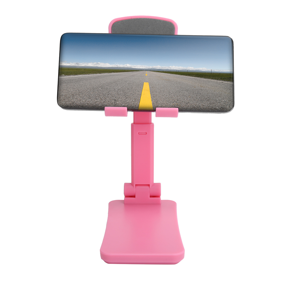 Rosafarbener Tablet-Ständer, der ein Tablet hält. Das Tablet zeigt eine Straße mit gelber Mittellinie.