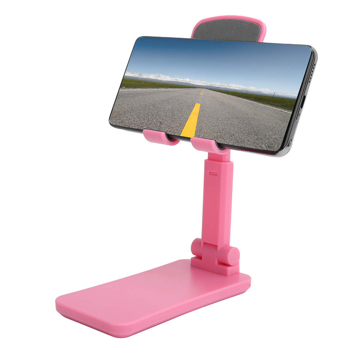 Ein rosa Telefonständer, der ein Telefon hält, das eine Straße mit gelber Linie anzeigt.