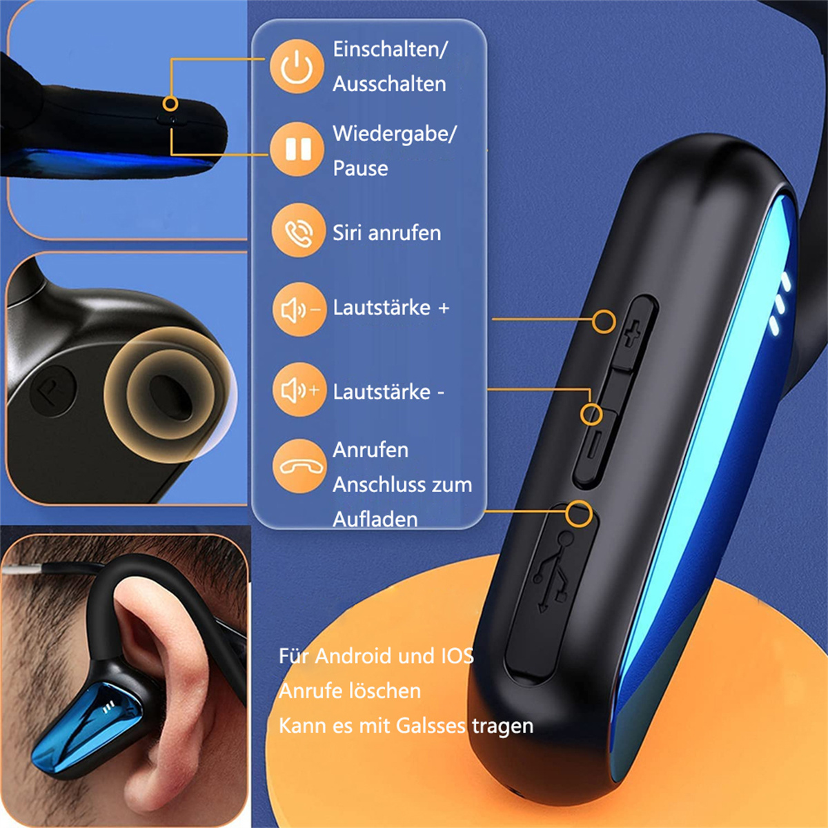 Schwarzes und blaues kabelloses Headset mit Knöpfen und Symbolen, neben Diagrammen und Text.