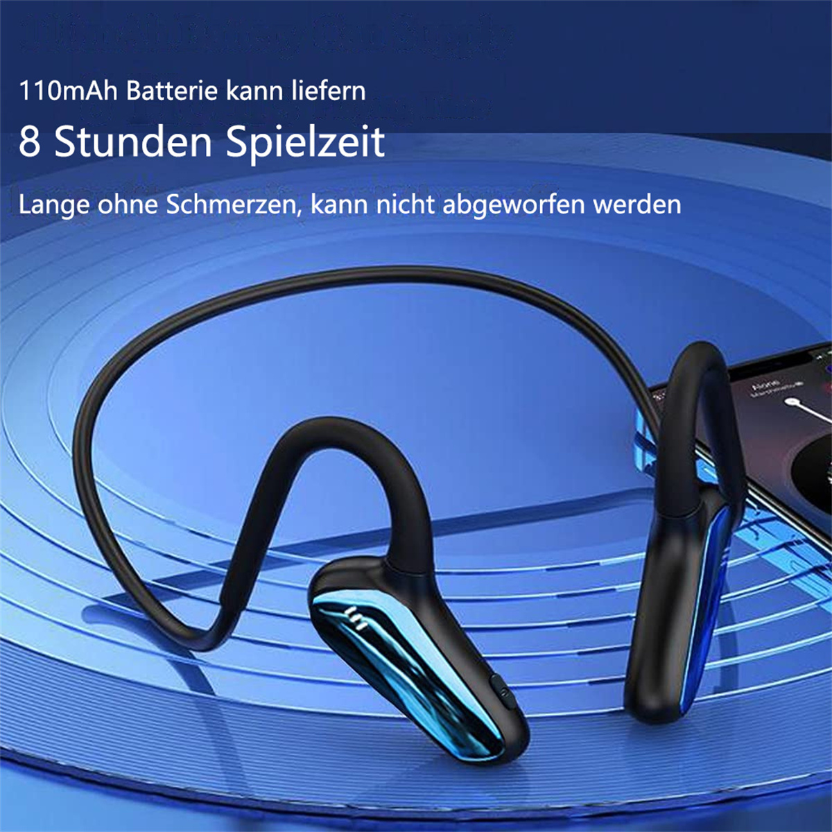 Schwarzes und blaues Headset mit flexiblem Bügel, verbunden mit einem Telefon auf blauer Oberfläche.