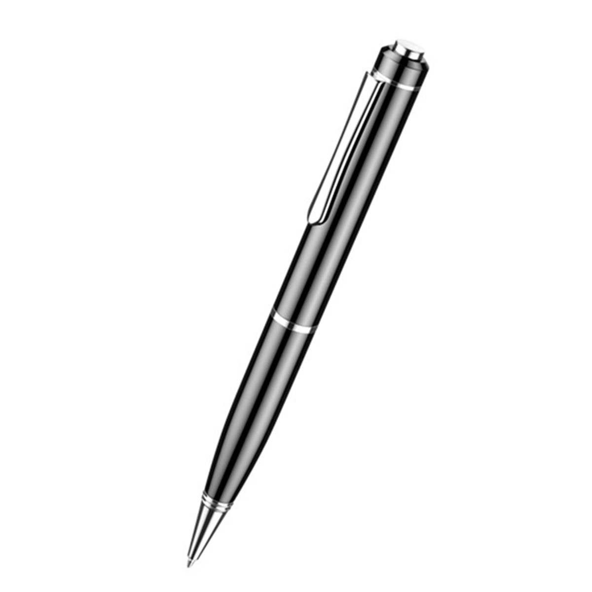 Silberner Stift mit schwarzem Clip und Kappe, isoliert auf weißem Hintergrund. Schrägaufnahme.