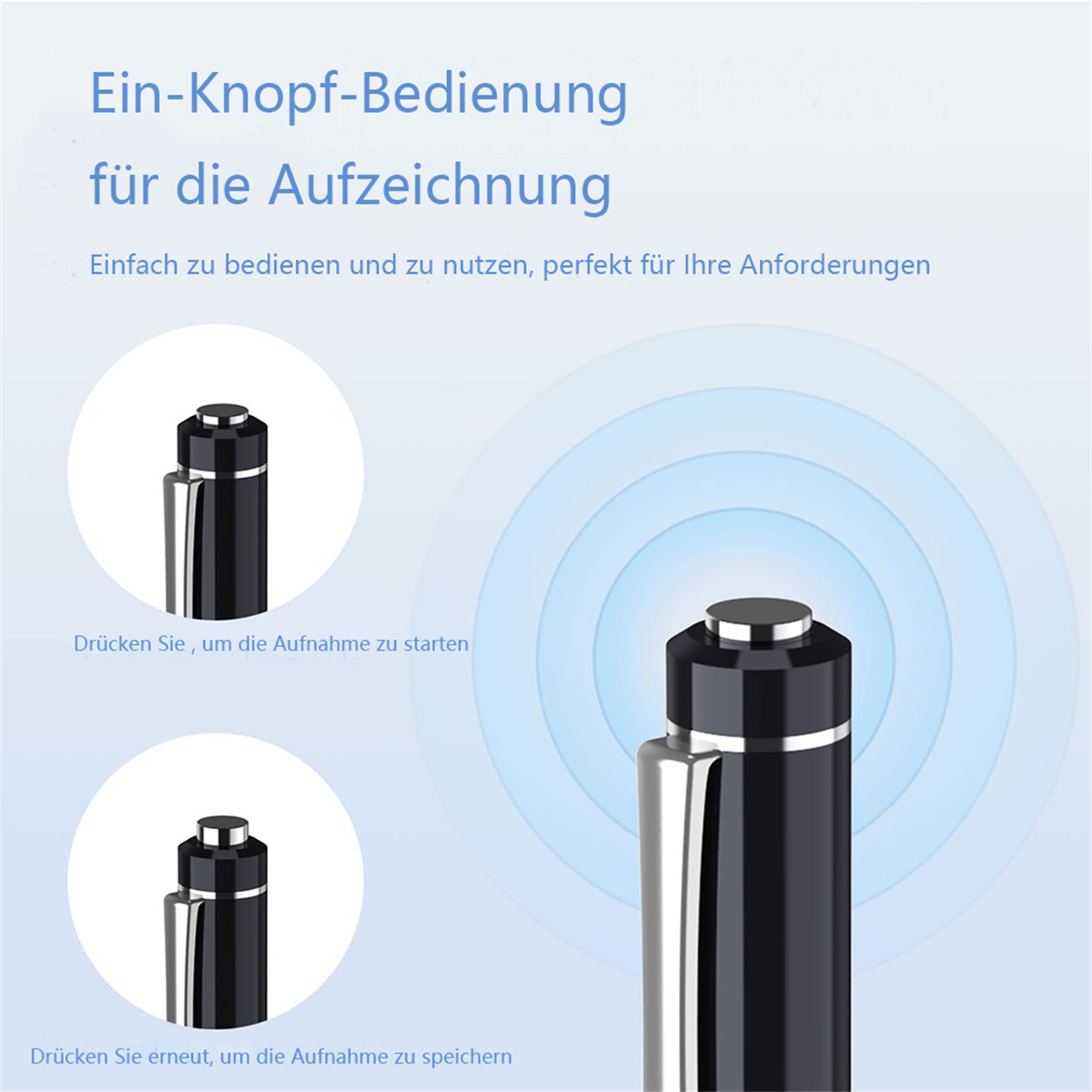 Zwei schwarze Stifte mit silbernen Akzenten, Anweisungen auf Deutsch, blauer Hintergrund mit konzentrischen Kreisen.