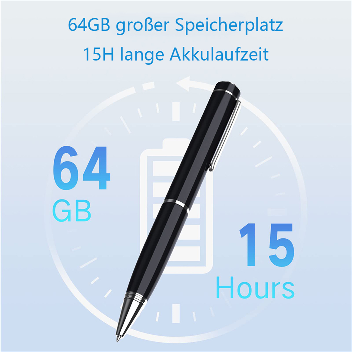 Ein schwarzer Stift mit Text über 64 GB Speicher und 15 Stunden Akkulaufzeit, mit blauem Hintergrund.