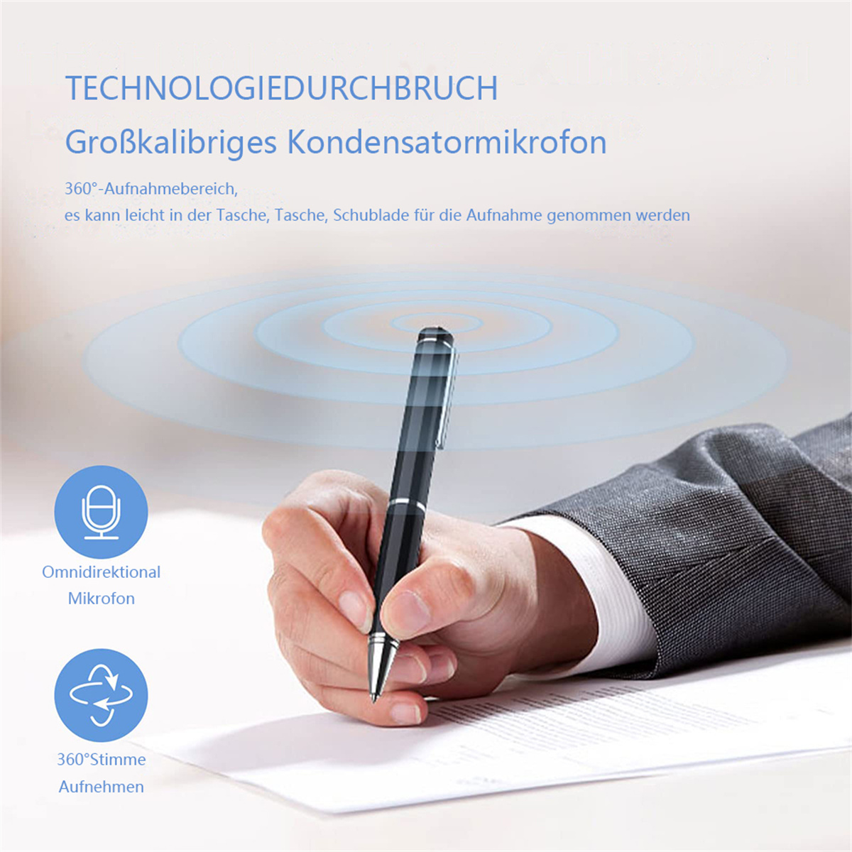 Ein Stift und Text über ein Mikrofon mit der Hand einer Person, die auf Papier schreibt.