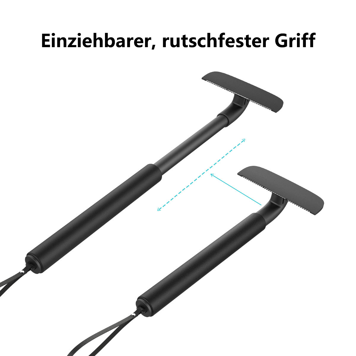 Zwei schwarze ausziehbare Griffe mit Schaberkopf, einer ausgezogen, einer eingefahren.