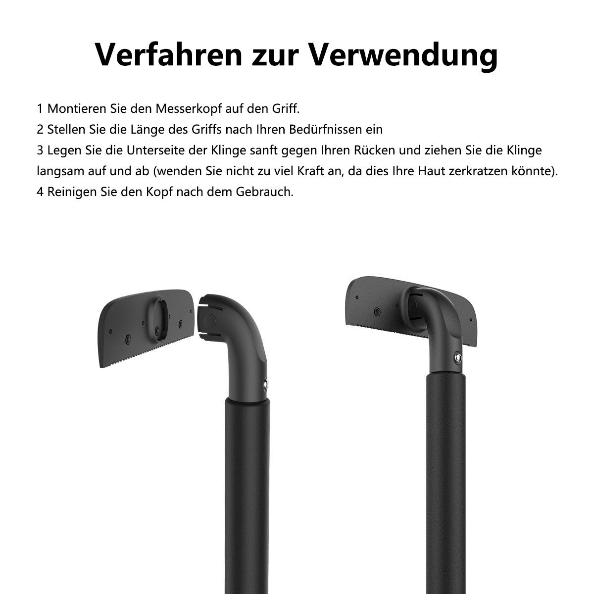 Zwei schwarze Griffe mit befestigten Klingen werden gezeigt. Ein Text erklärt das Vorgehen.