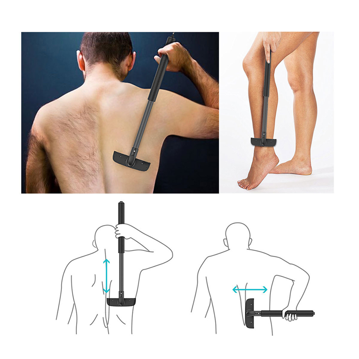 Bilder, die einen Rückenscherer zeigen, der am Rücken und am Bein einer Person verwendet wird, plus Diagramme.