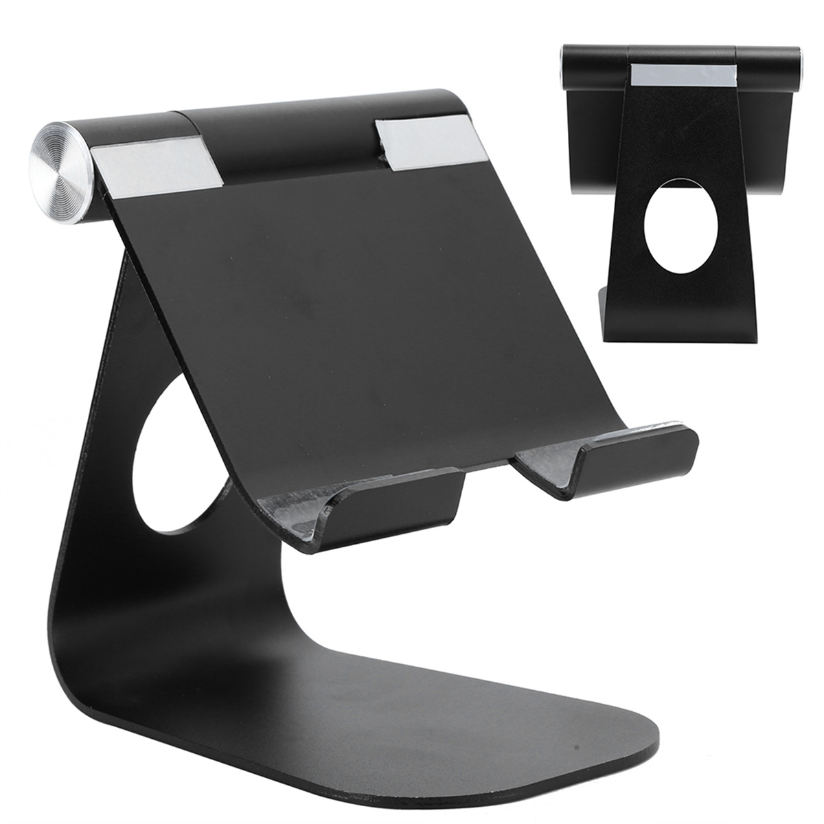 Schwarzer Telefonständer, abgewinkeltes Design, mit silbernem, kreisförmigem Einstellknopf.
