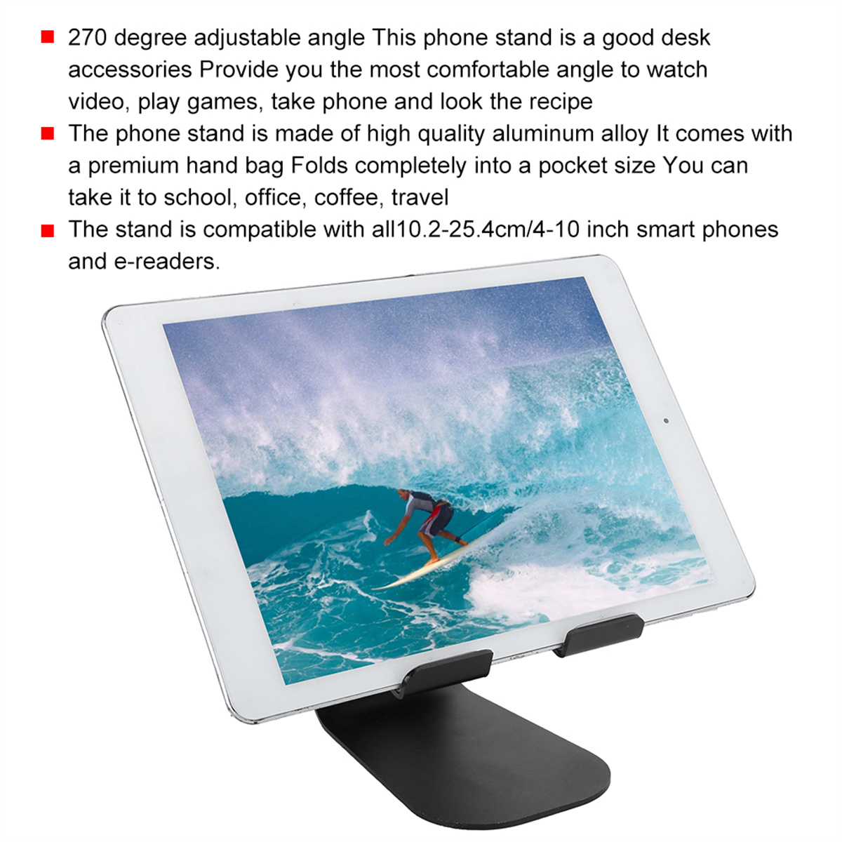 Schwarzer Telefonständer mit Tablet, das einen Surfer auf einer Welle zeigt. Text beschreibt Funktionen.