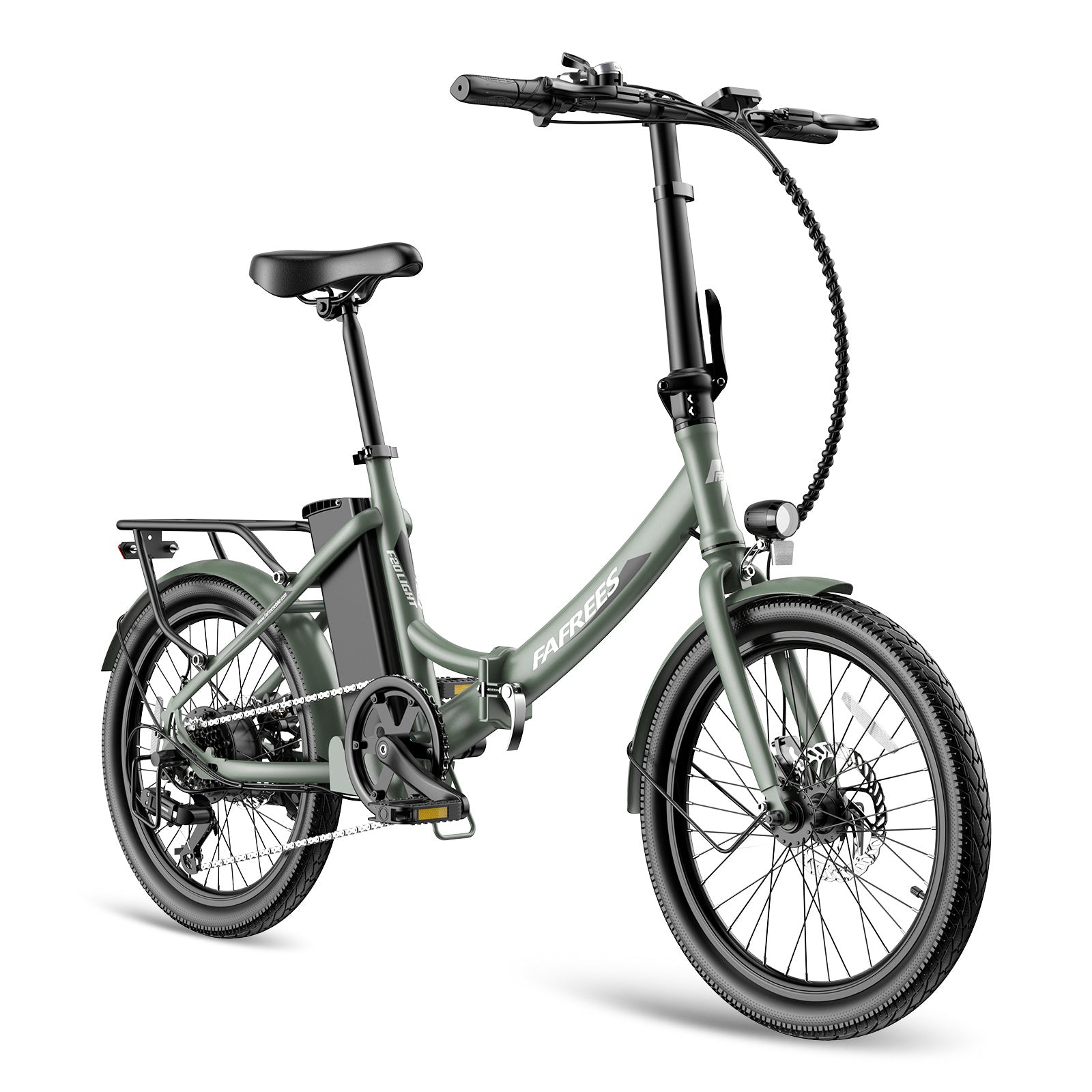 Ein grünes, zusammenklappbares Elektrofahrrad auf weißem Hintergrund. Es hat schwarze Reifen, einen schwarzen Sitz und einen Akku.