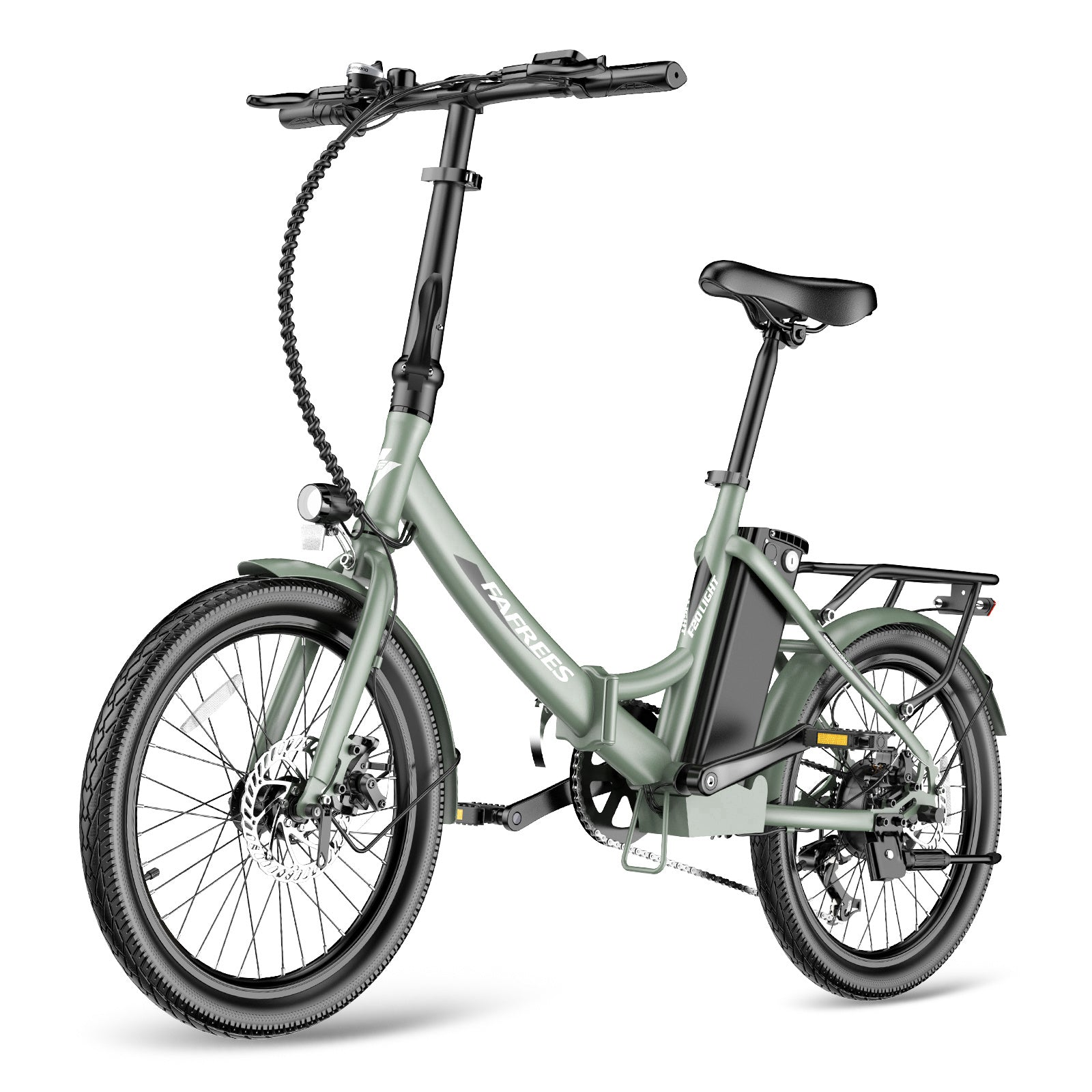 Ein grünes, elektrisches Klappfahrrad mit schwarzen Komponenten auf weißem Hintergrund.