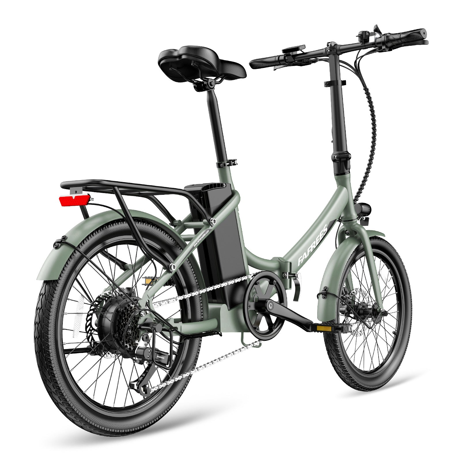 Grünes Elektrofahrrad mit schwarzen Komponenten, Gepäckträger und Akku. Auf weißem Hintergrund.