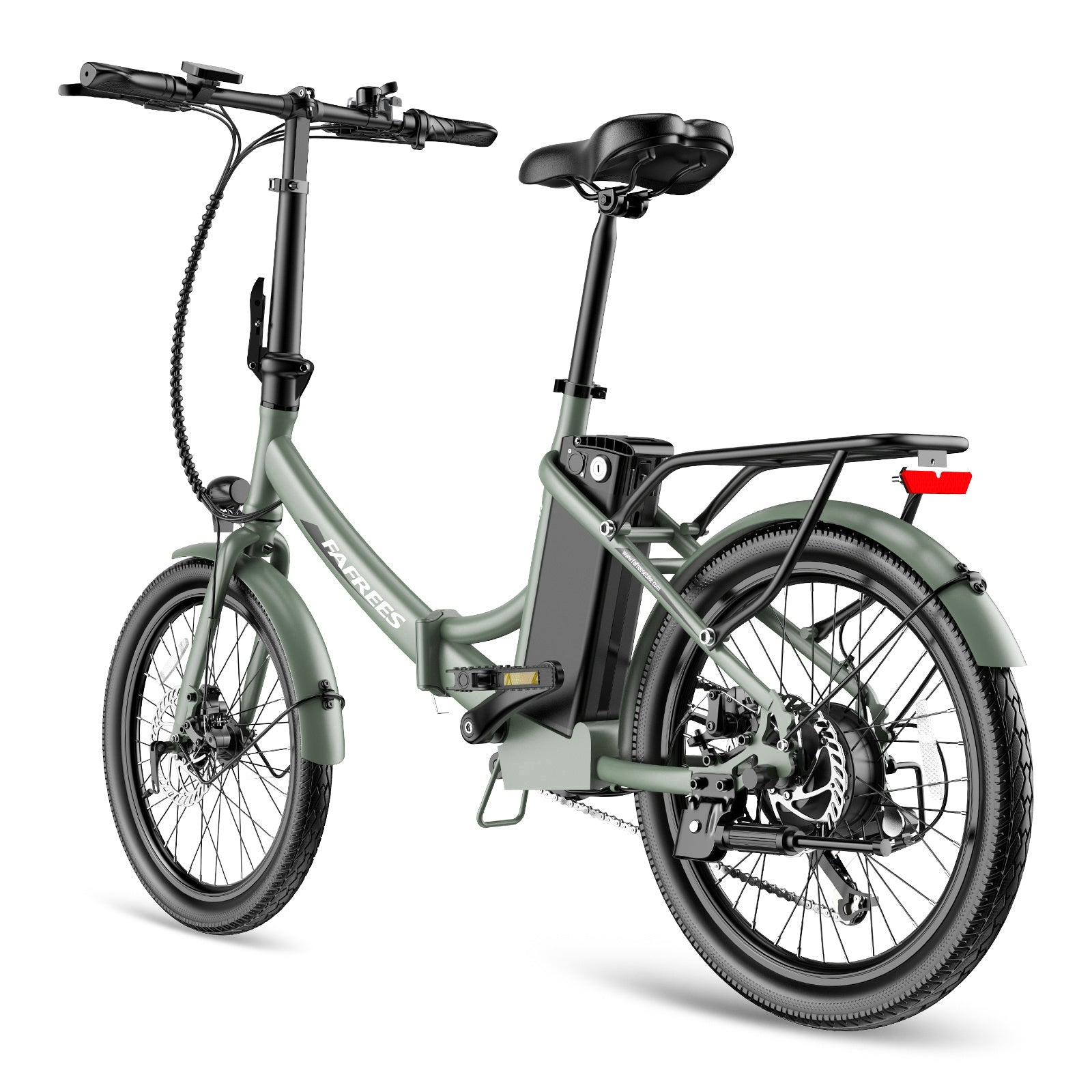 Ein olivgrünes, zusammenklappbares Elektrofahrrad auf weißem Hintergrund. Merkmale umfassen Akku und Gepäckträger.