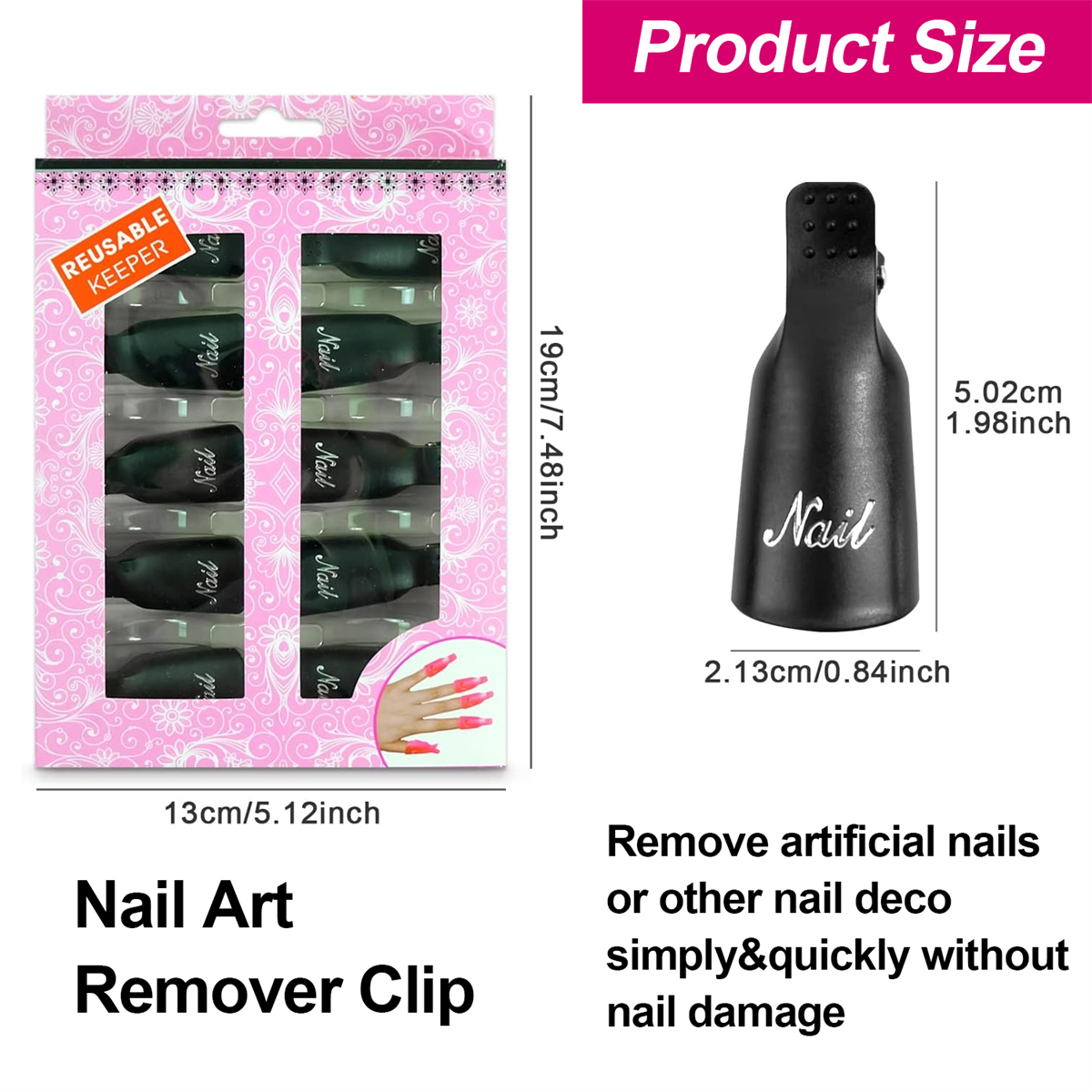 Rosa Box mit Entferner-Clips und einer Nagel-Illustration. Text: Nail Art Remover Clip, mit Maßen.
