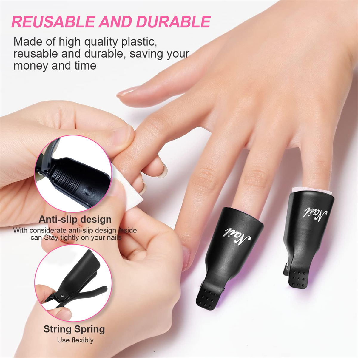 Eine Hand, die ein Wattepad, Nagellackentferner und Nagelclips hält.