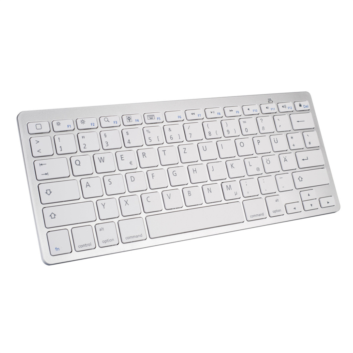 Silberne Tastatur mit weißen Tasten. Sie hat eine rechteckige Form. Weiße Oberfläche mit schwarzen Zeichen.