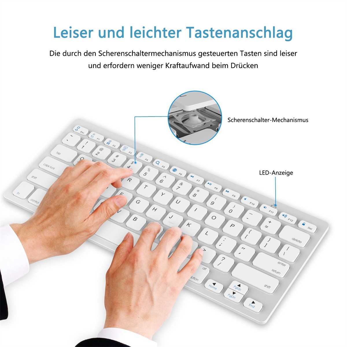 Weiße kabellose Tastatur mit Tasten und Händen einer Person. Die Tastatur befindet sich auf einer weißen Oberfläche.