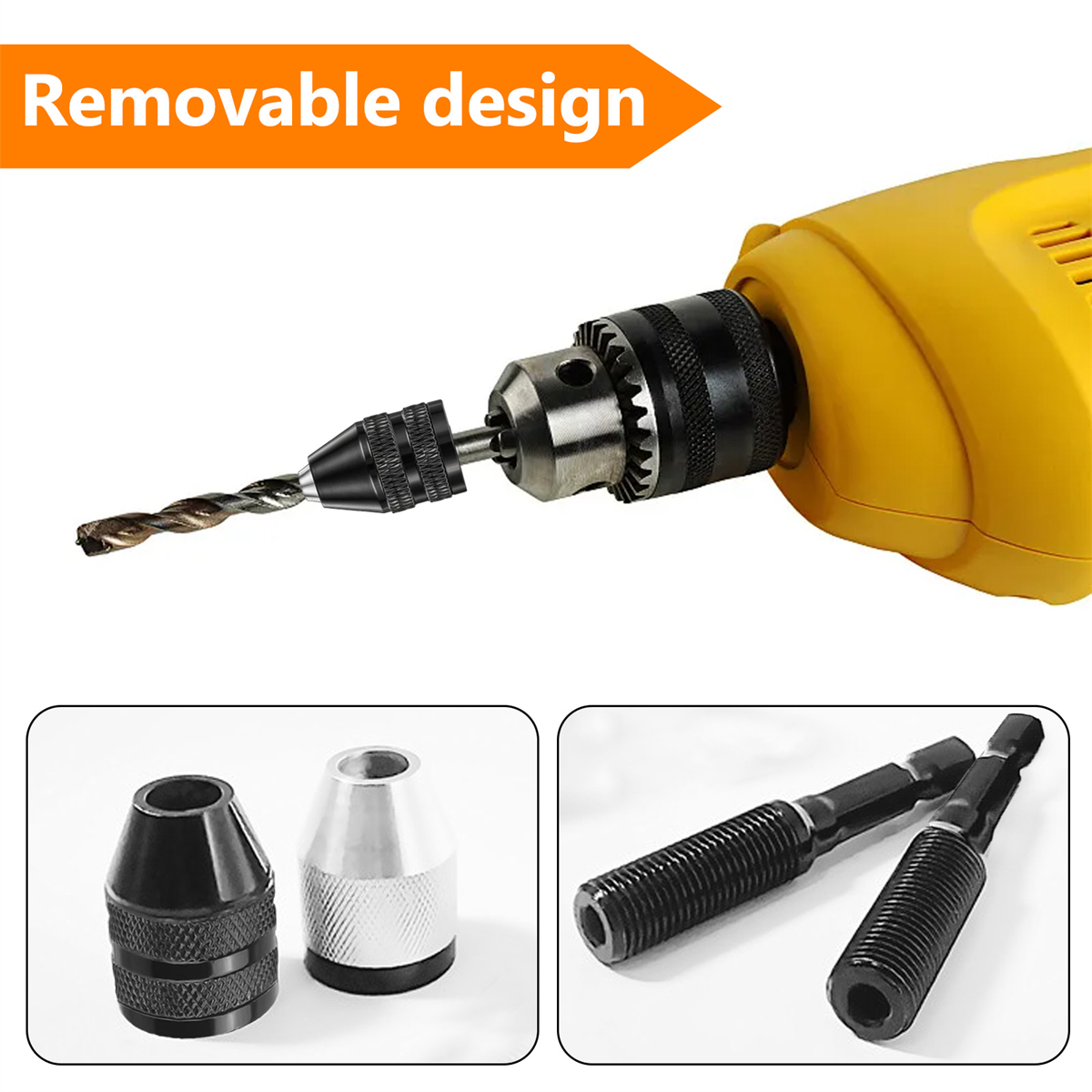 Eine gelbe Bohrmaschine mit einem Bohrer und zwei weiteren Aufsätzen. Der Text 'Removable design' steht oben.