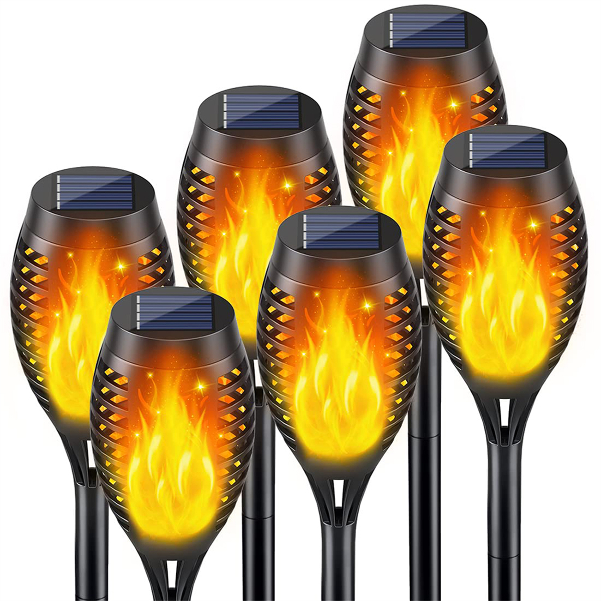 Sechs schwarze Solarlampen mit orangefarbenen, flammenartigen Lichtern, auf weißem Grund.